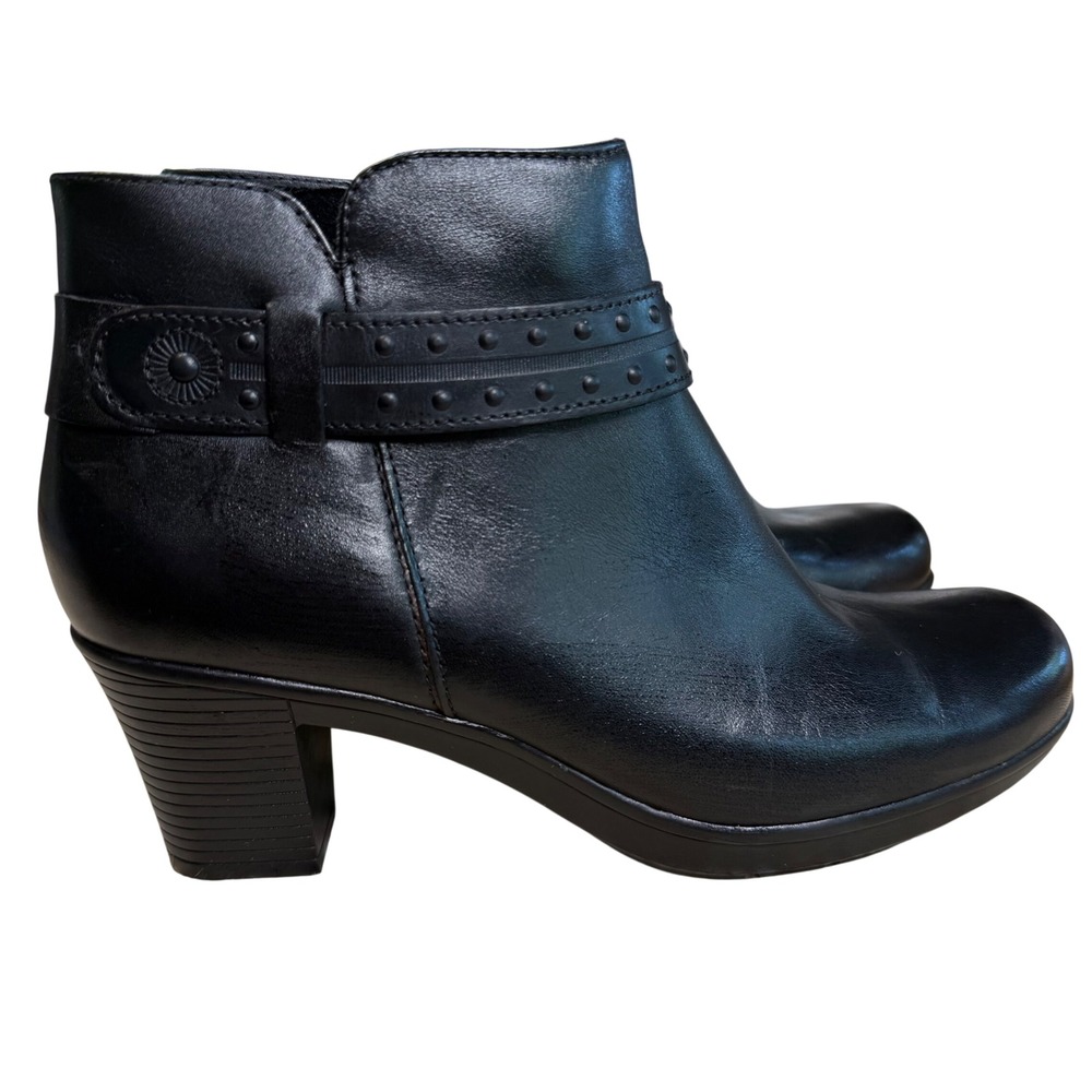 Clarks Bendables Black Leather Studded Ankle Boots Block Heel Womens 8M